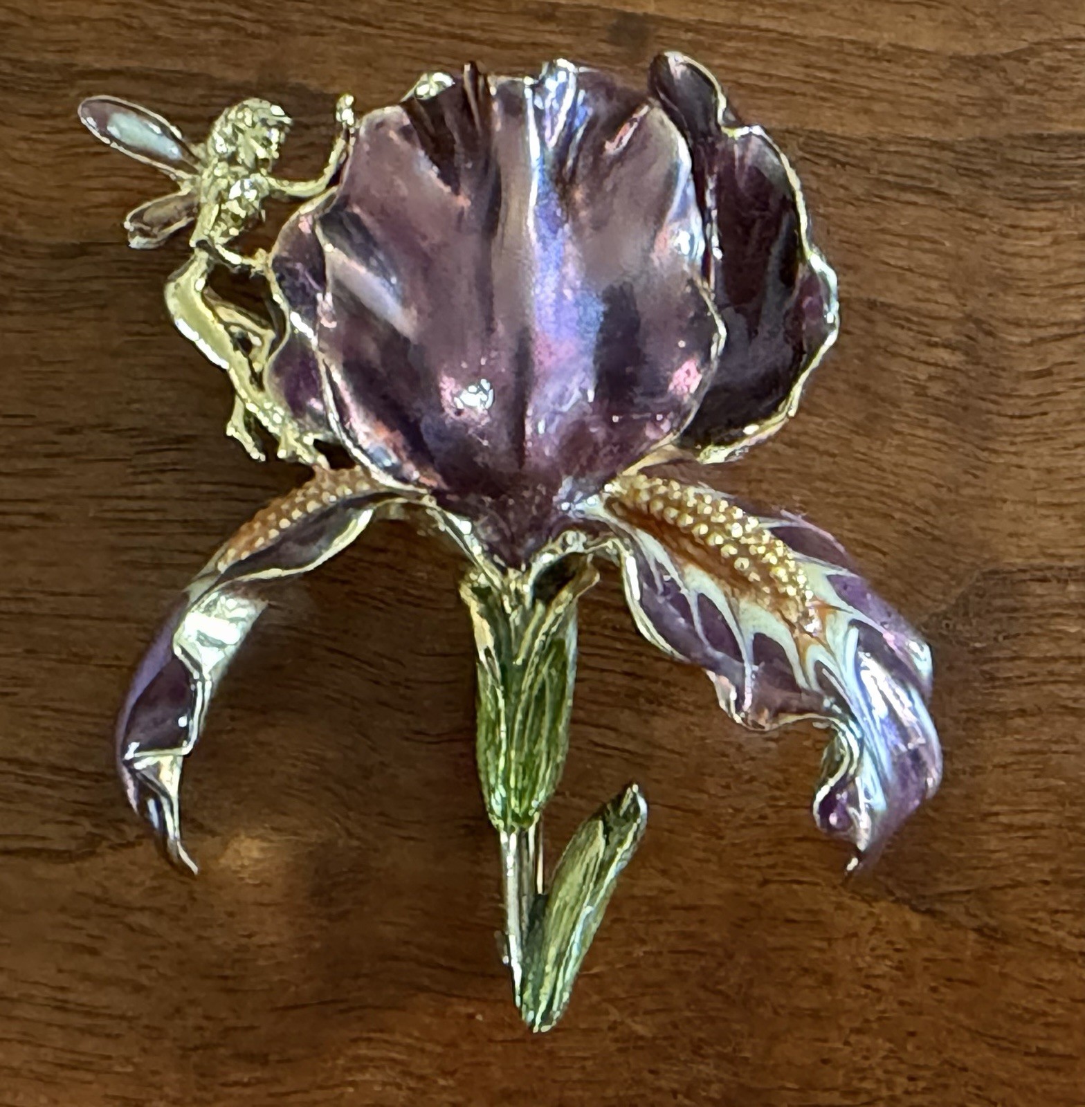 Vintage Large Kirks Folly Purple Enamel Orchid Brooch With Golden Fairy Signed