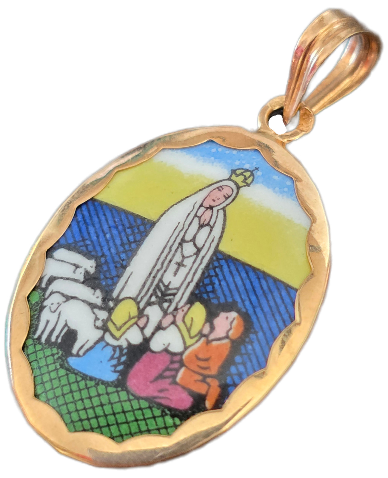 Antique Enameled Gold Medal Virgin Mary Madonna Pendant – 18K Gold