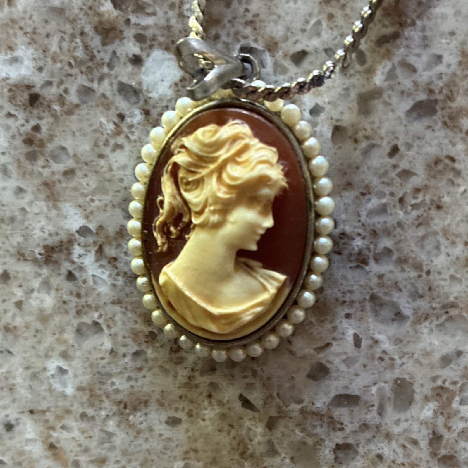 GENUINE Hand Carved Cameo Pendant Necklace with Pearl Border