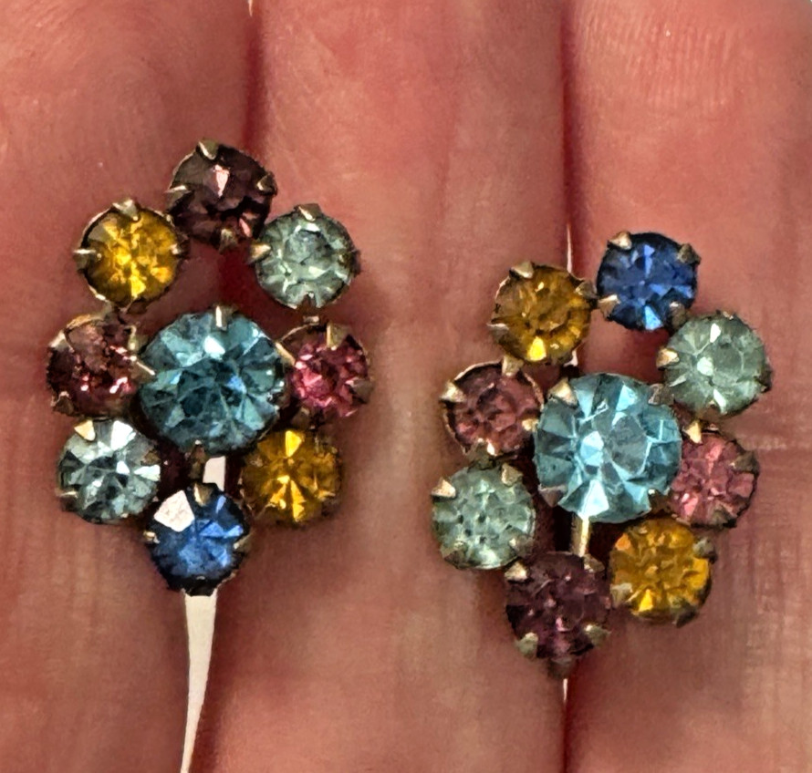 Colorful Vintage Rhinestone Earrings Twist Back Clip On Old Money Quiet Luxury