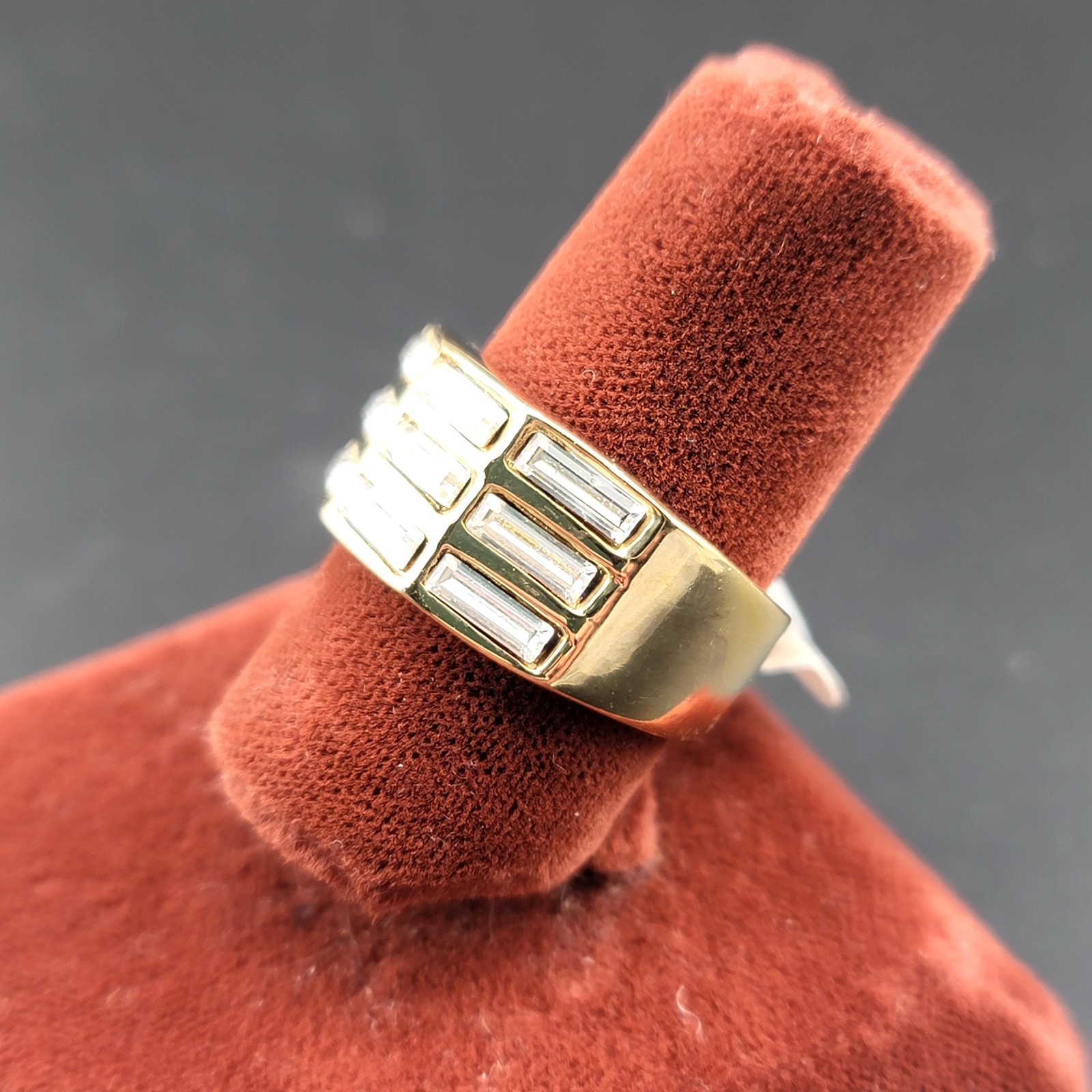 Vtg Sz 5 Ring Band Unsigned ESPO Rhinestones Baguettes 14KTGE Fashion Jewelry