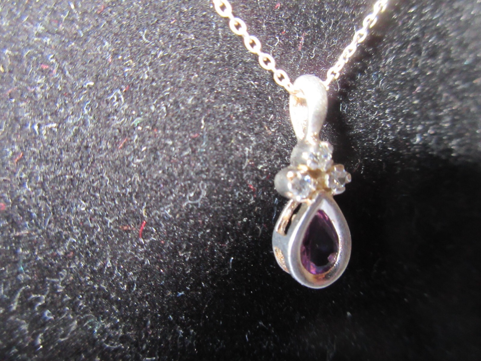 Vintage CW Italy Sterling Necklace & Pear shaped Amethyst Stone 3 CZ Accents