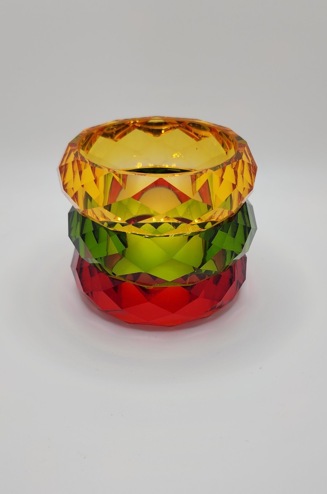 3 Vtg Transparent Faceted Bangle Bracelets 2 3/8″ Stacking Red Green Yellow
