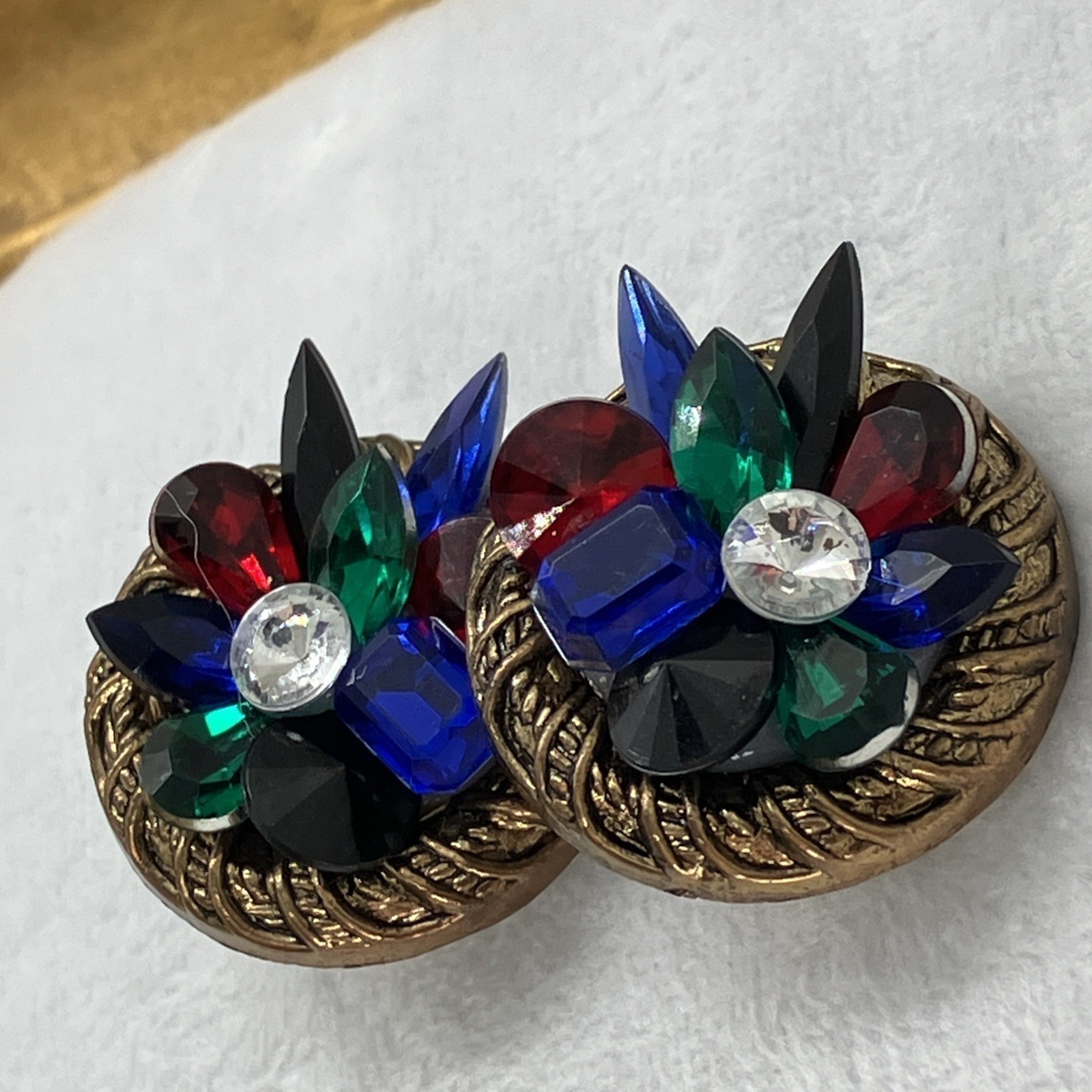 Vtg Colorful Rhinestone Cluster Clip On Earrings Plastic Lightweight Bold 80s