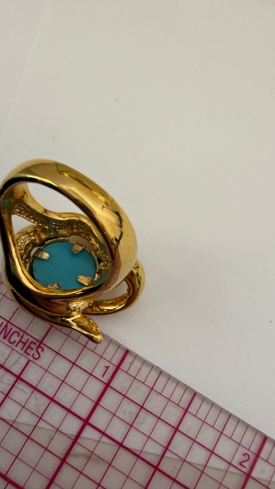 Vintage Gold Tone Faux Turquoise Swirl Statement Ring | Size 6 Rhinestone