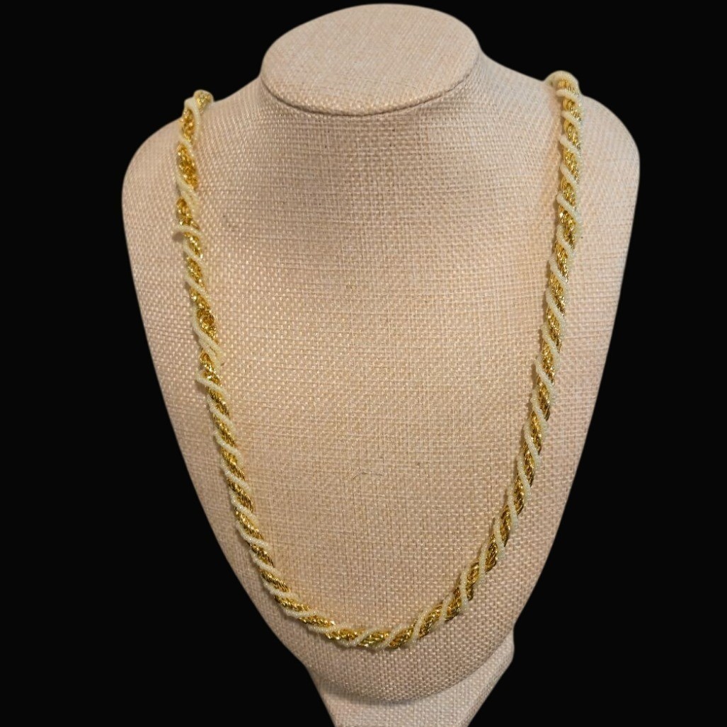 Trifari Vintage Gold Tone Twisted Rope Chain Necklace White Bead Twists jewelry