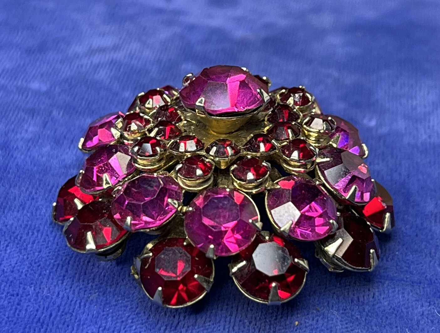 Vintage Rhinestone Dome Brooch Crystal Fuchsia Pink Red Garnet Layered Earrings