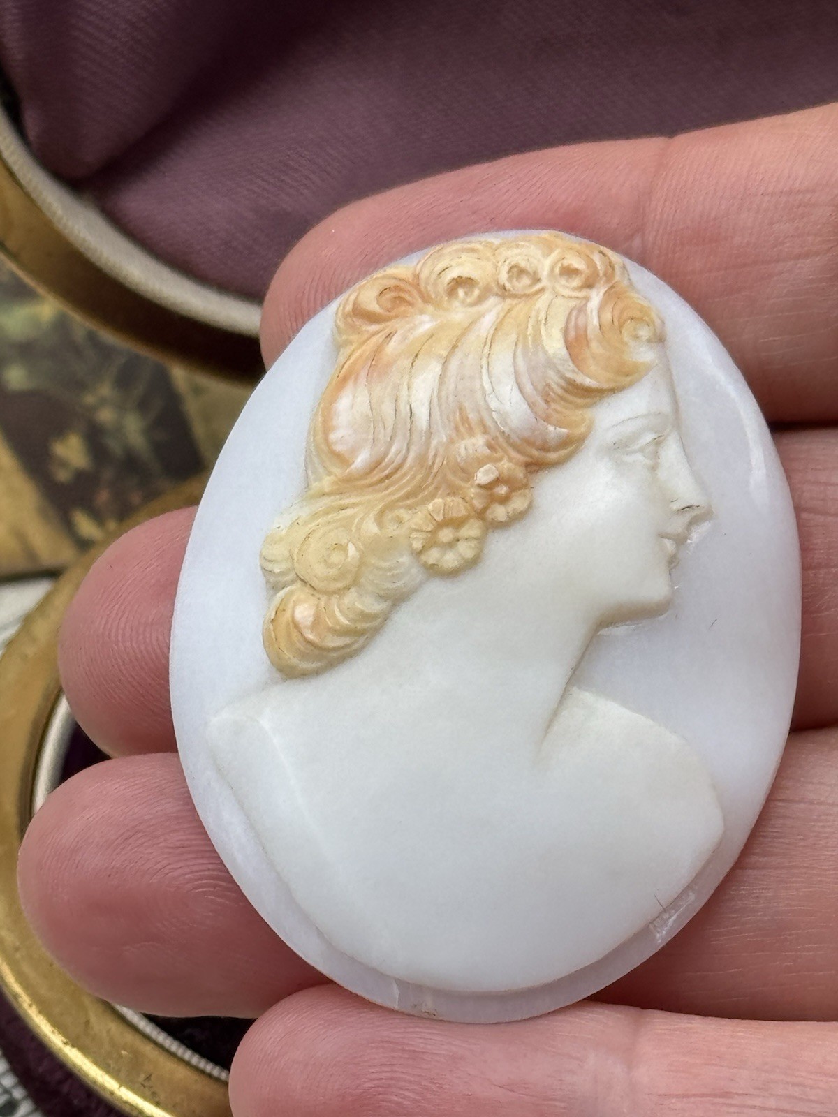 Unmounted Cameo Right Facing Two Tone Hand Carved ANTIQUE Circa 2”
