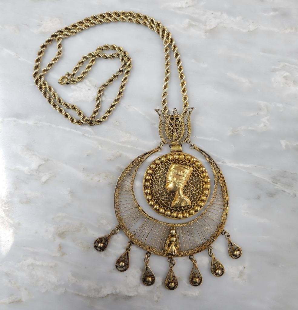 GP Sterling Silver Filigree Nefertiti Egyptian Necklace 24″ ~ 44g ~ 8-I781