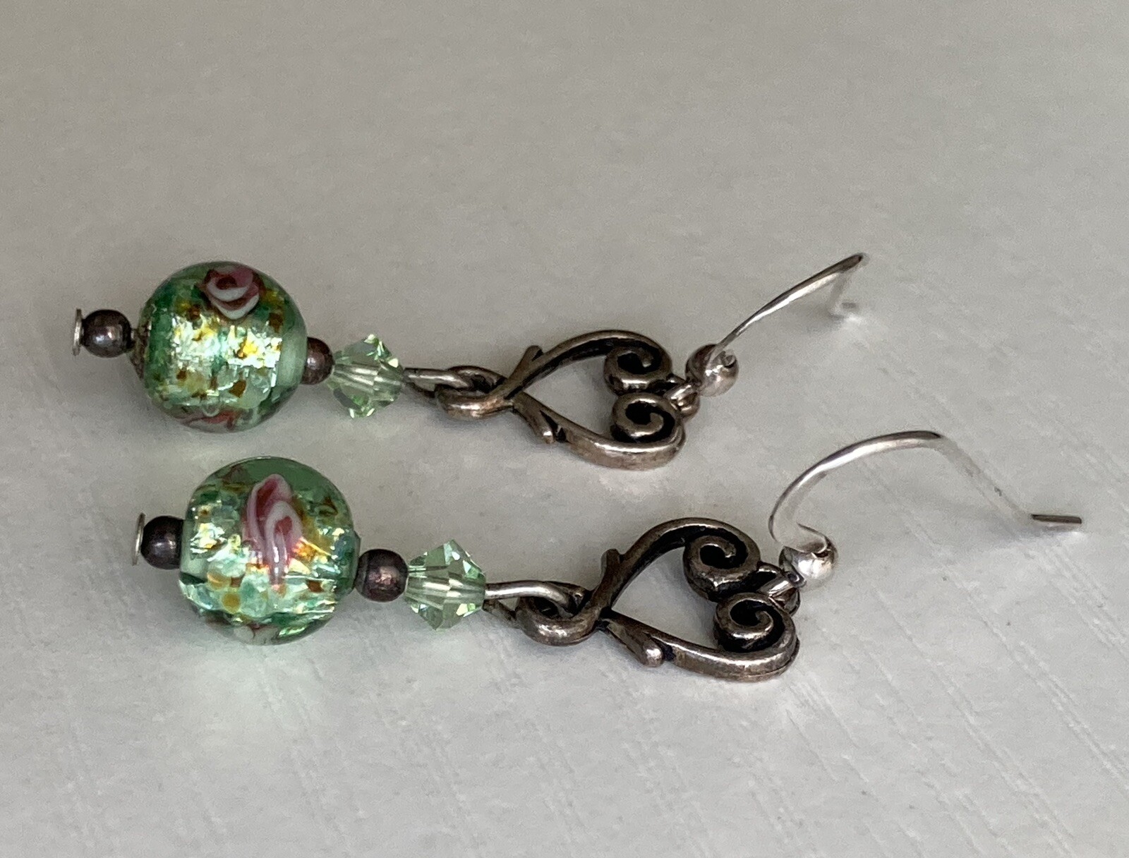 Sterling Silver Heart Round Glass Bead Earrings Dangle Drop Green Pink 1.75inch
