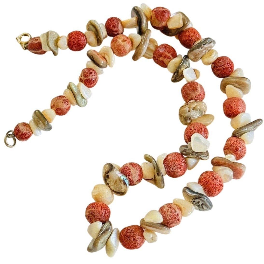 VTG Red Sponge Coral Mother Of Pearl Natural Necklace Beaded Genuine Choker 16″