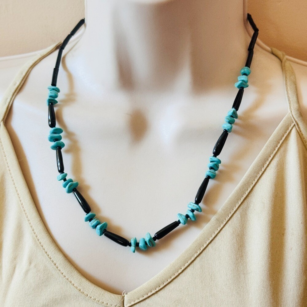 Black Coral VTG Necklace turquoise Beads Collar Natural Hawaii Souvenir 20″