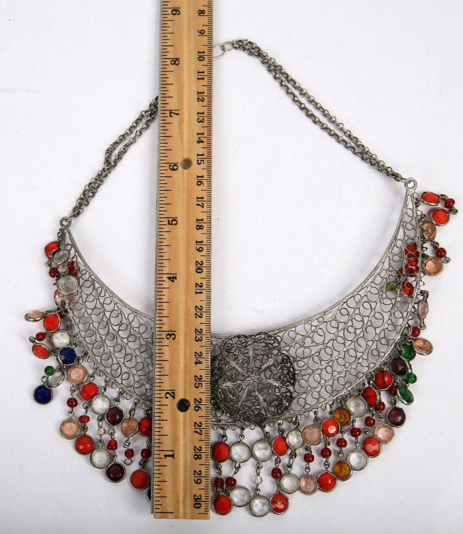 Vintage Bib Collar Choker Necklace Beaded Fringe Artisan Hand Made Mesh Filigree