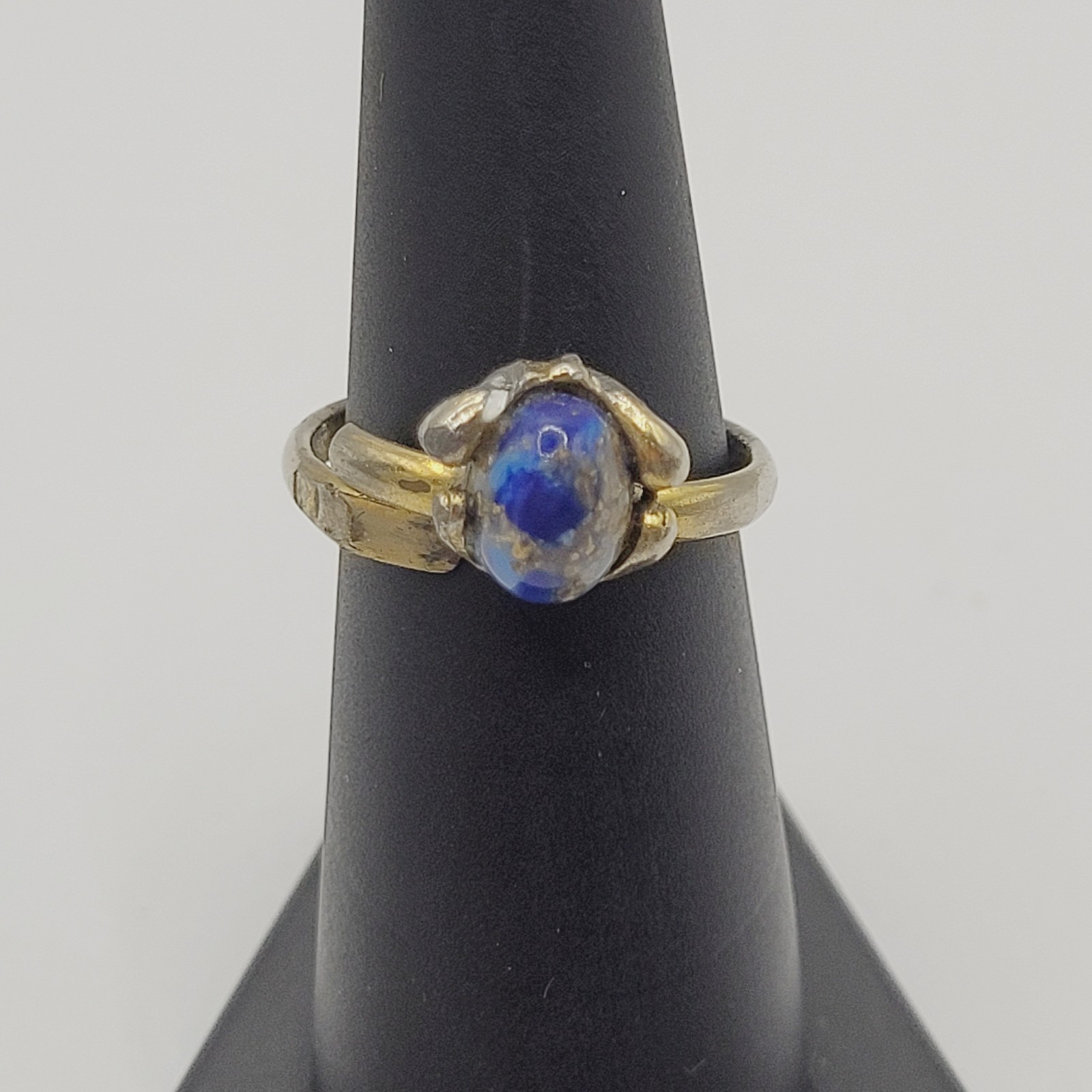 Antique Lapis Lazuli Small Domed Stone w Specks Ring Adjustable Worn Distressed
