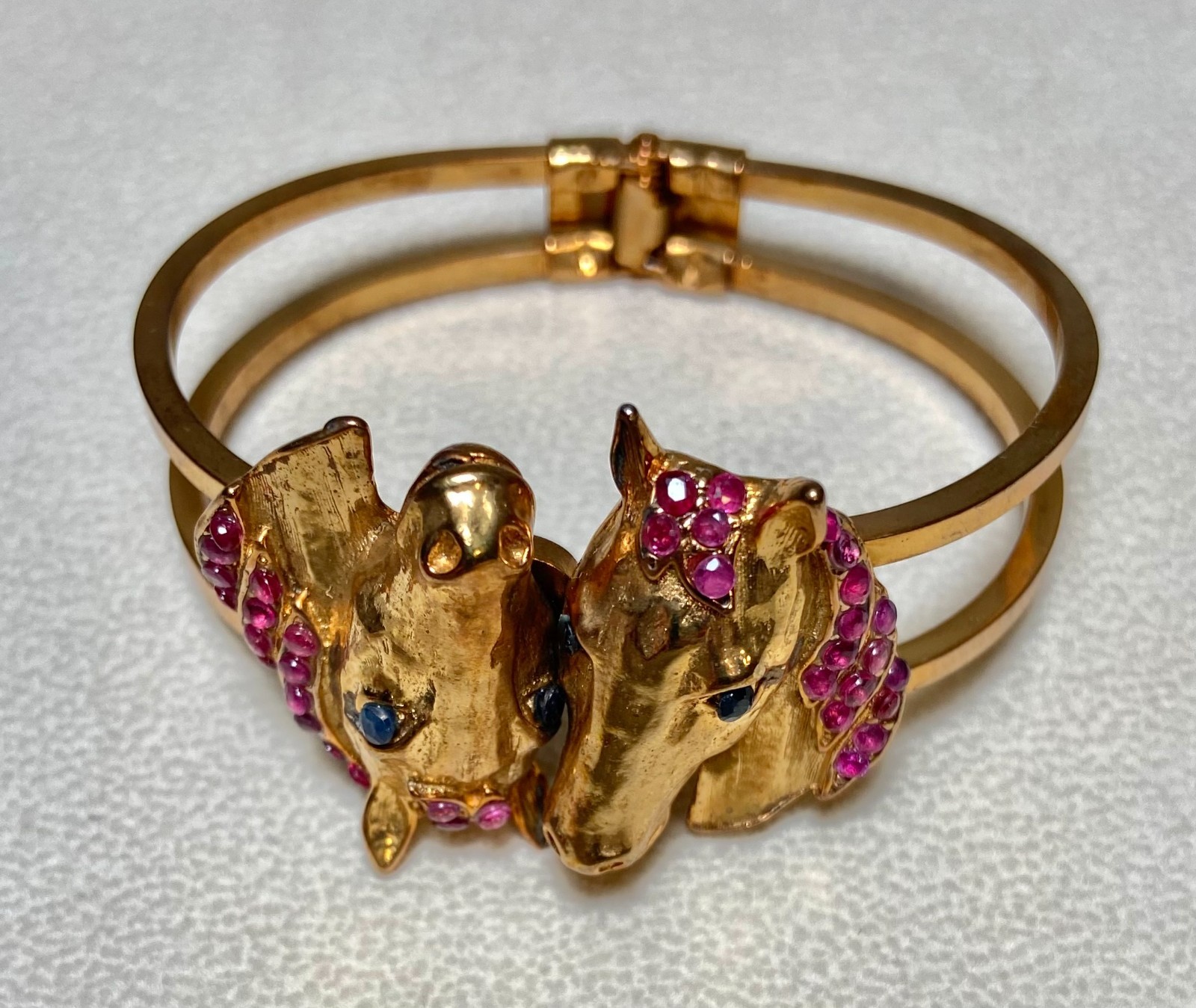 AUTHENTIC SWOBODA CUFF HORSE BRACELET ~ GENUINE RUBY, SAPPHIRE EYES ~ STUNNING!