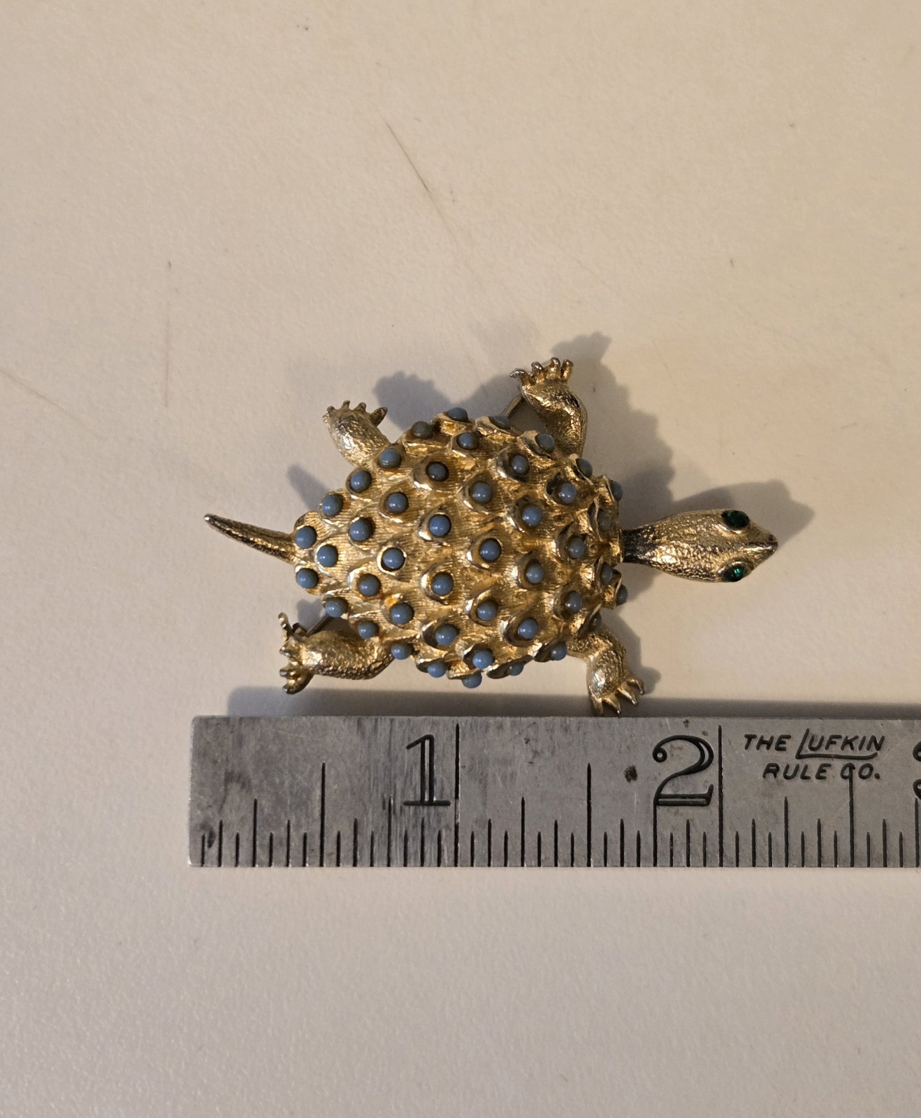 Gold Tone Turtle Blue Cabochons Green Rhinestone Eyes Reticulated Head Brooch