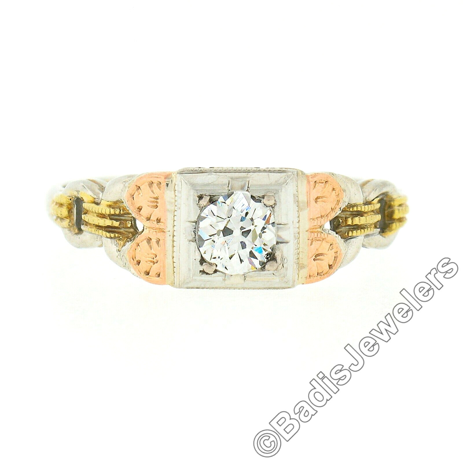 Antique 18k & 14k Gold .34ct Old European Diamond Detailed Sides Engagement Ring