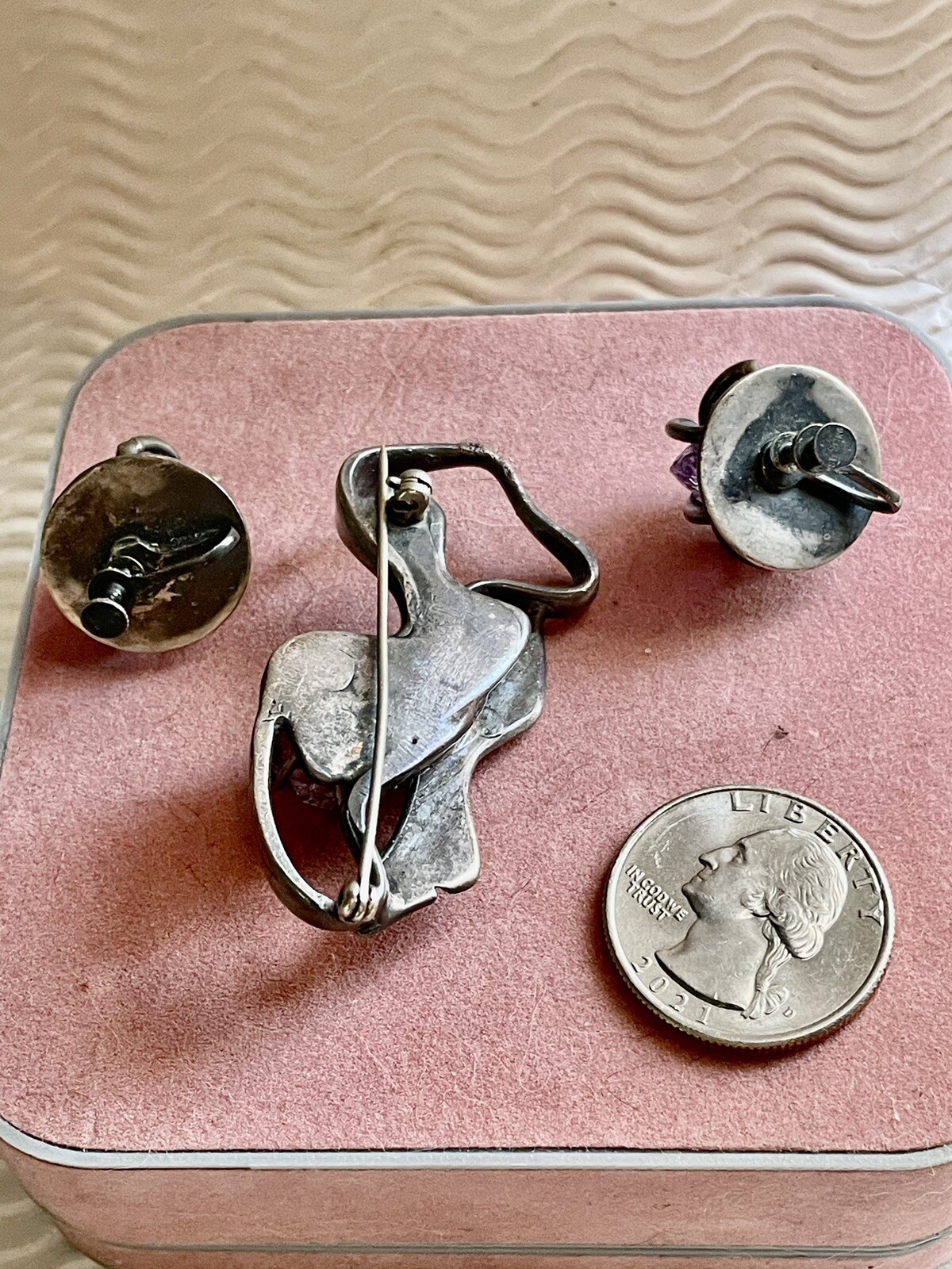 Vintage Taxco 980 early pre🦅 sterling silver Amethyst pin brooch & Earrings Set