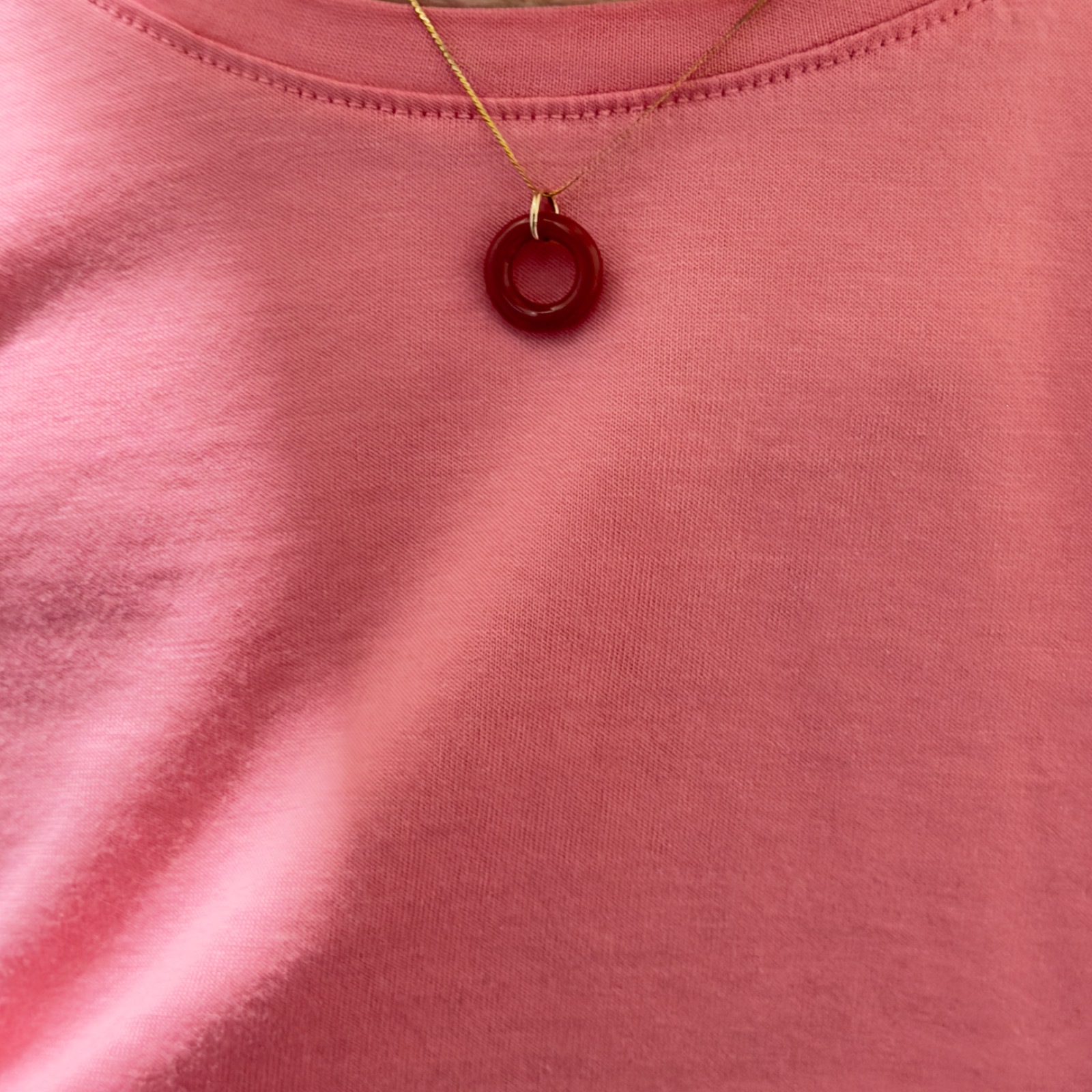 Round Rose Agate Necklace Pendant, 14K Solid Gold, 3D Round Torus Shape
