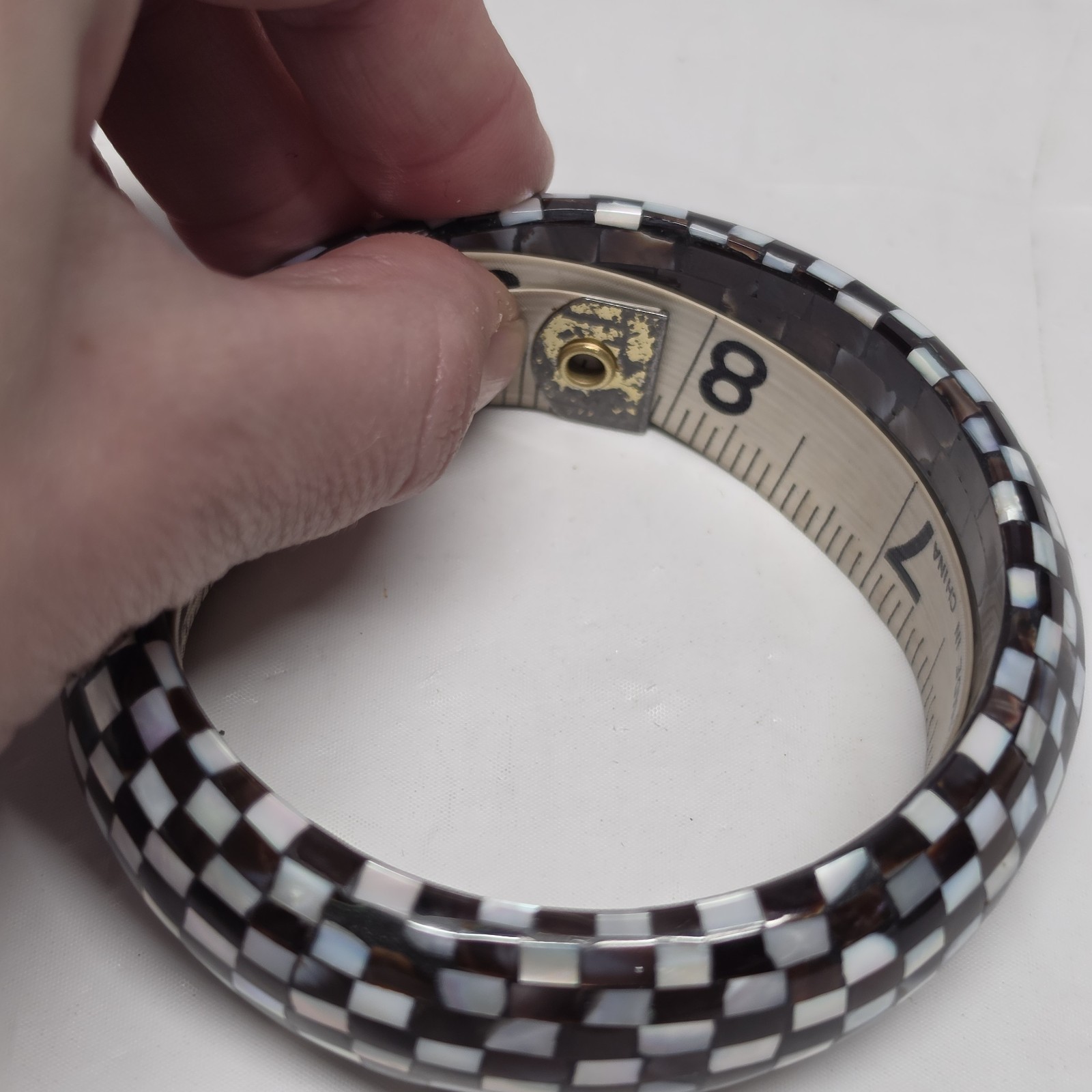 Vintage Mother of pearl Checkered Mosaic Marquetry Bangle Bracelet White & Brown