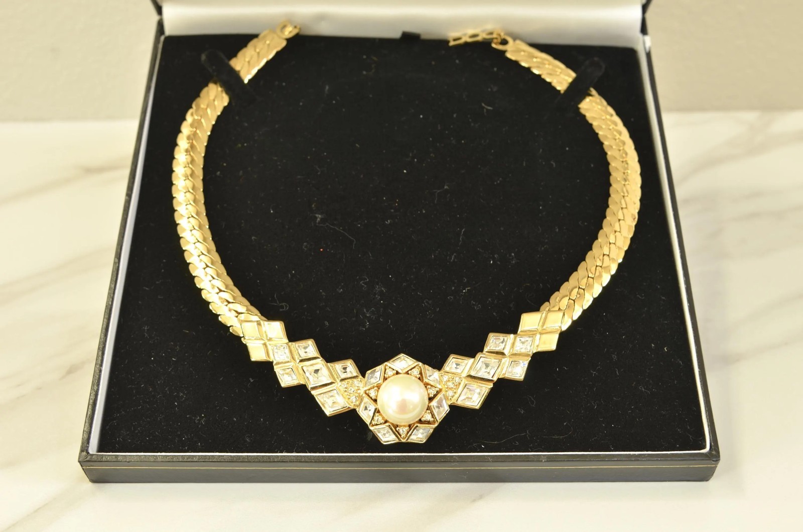 Vintage Christian Dior Pearl Crystal Collar Necklace Signed C Dior 1980s Choker