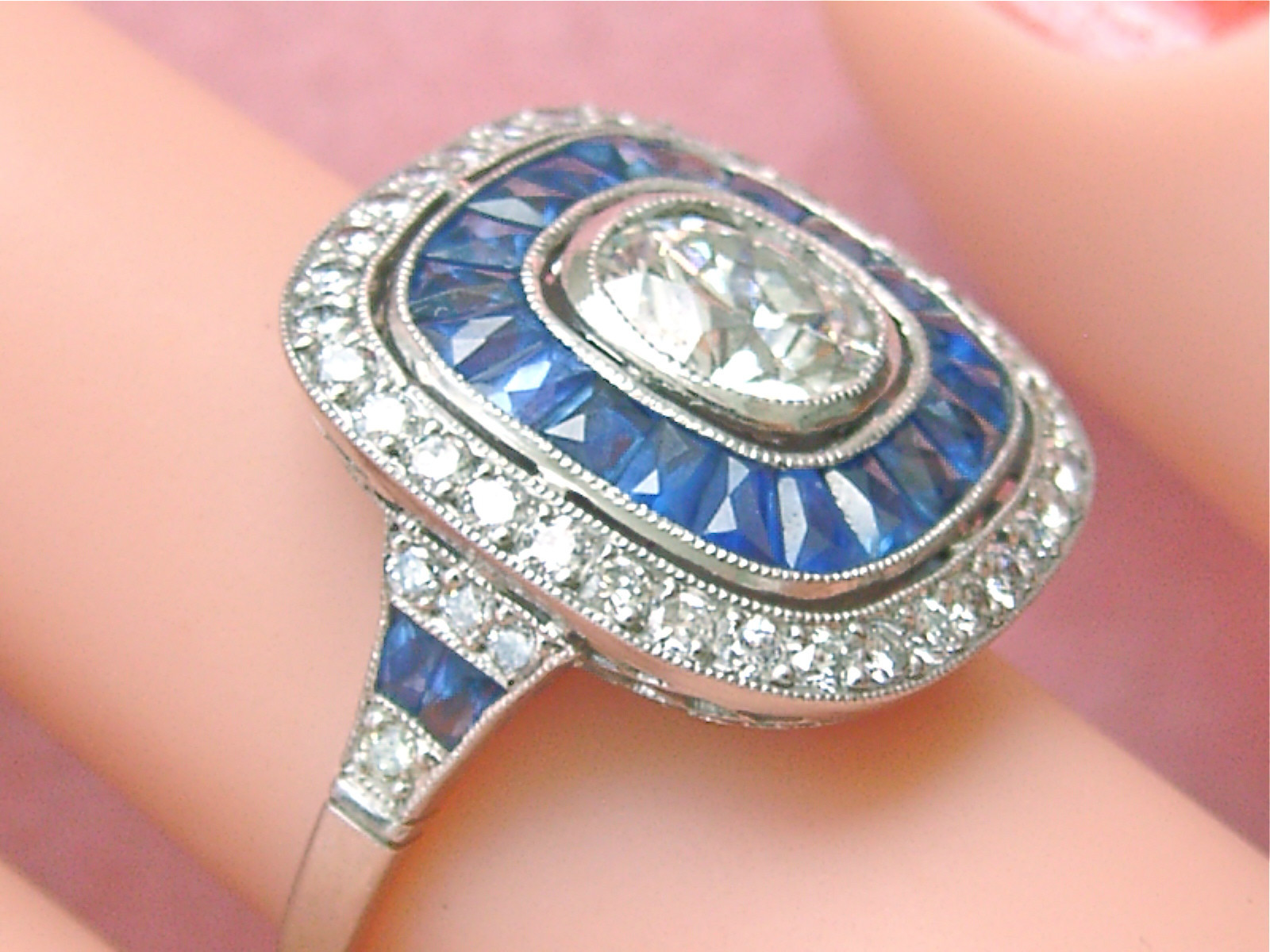 ART DECO 1.97ctw DIAMOND 1.2ctw SAPPHIRE HALO ENGAGEMENT CUSHION COCKTAIL RING