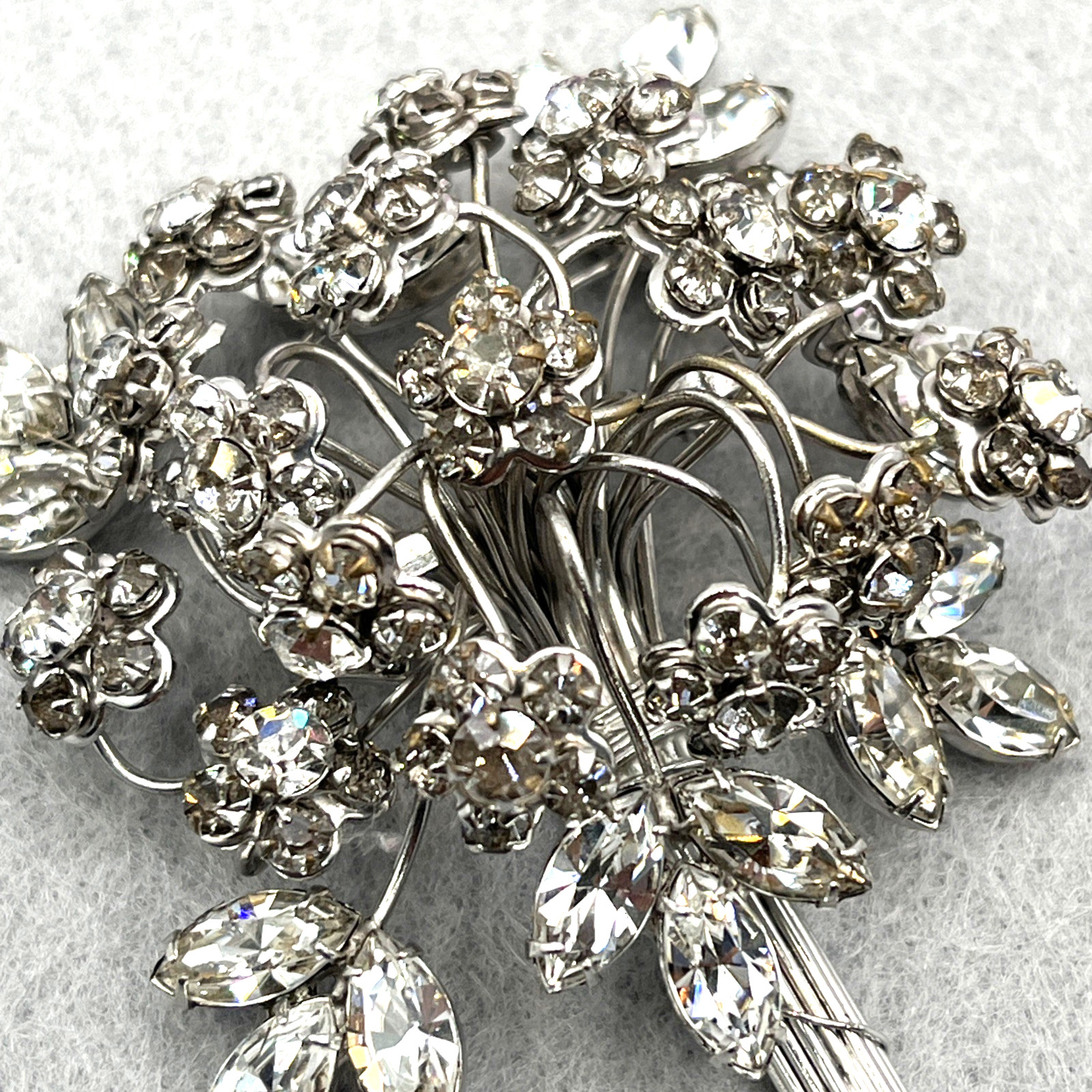 Original By Robert Brooch Bouquet of Flowers Rhinestone Brooch Silver Tone 3.5″