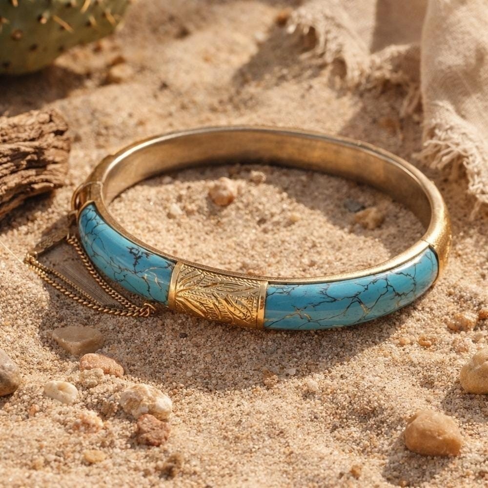 Vintage Faux Turquoise Hinged Bangle Bracelet Gold Tone Mid Century Size 6.5