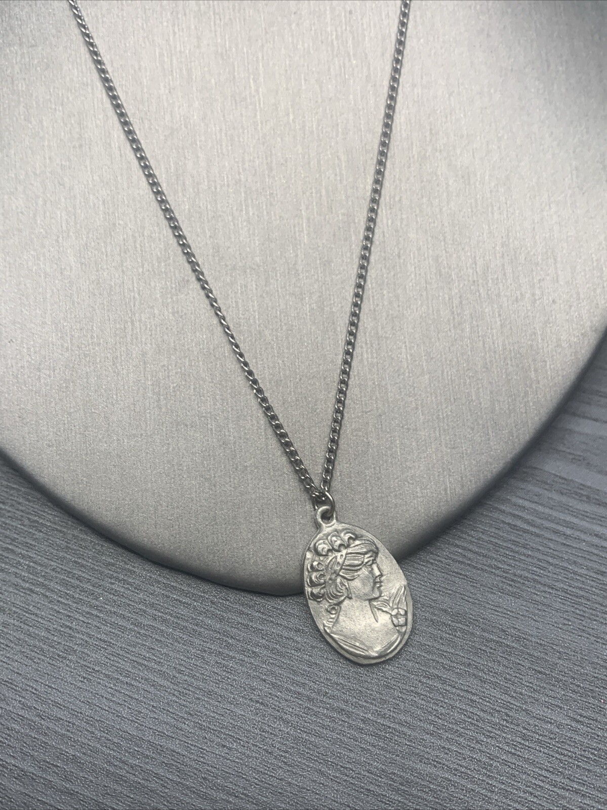 Vintage Pewter BDA First Cameo Hand Engraved Pendant Necklace 18”