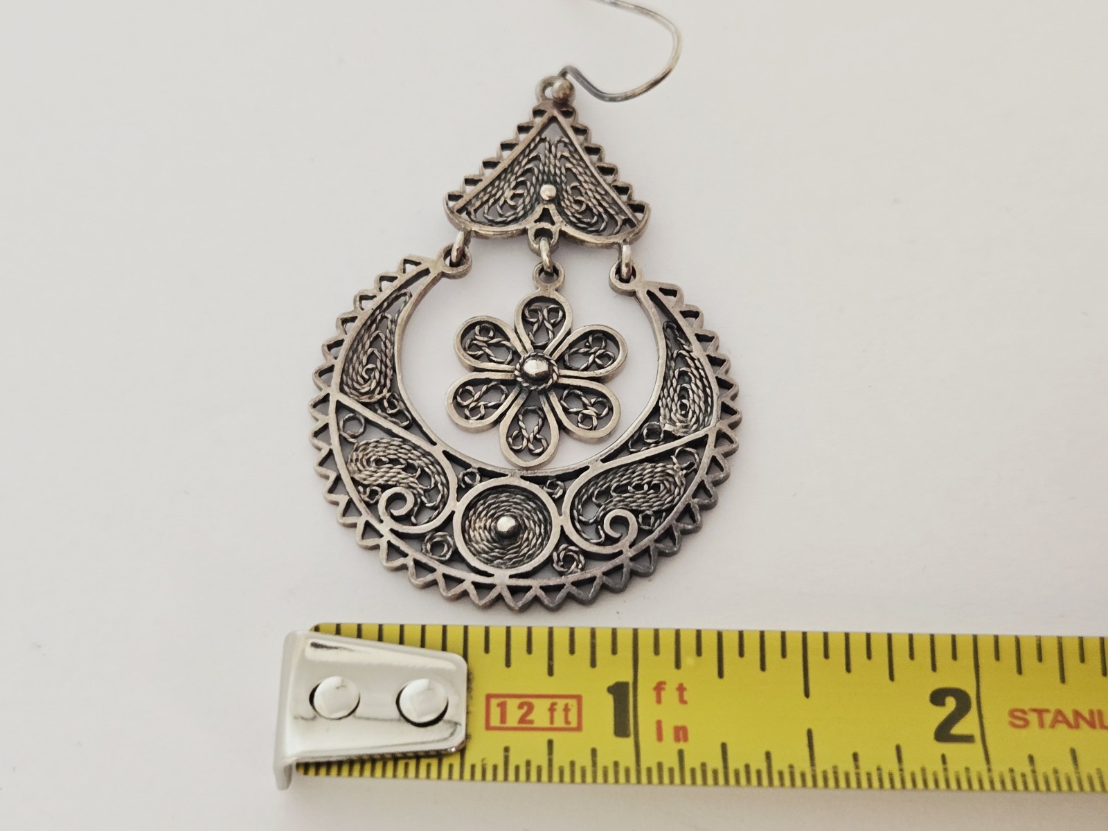 VTG NF Thailand Sterling Silver Cannetille Filigree Flower Boho Dangle Earrings