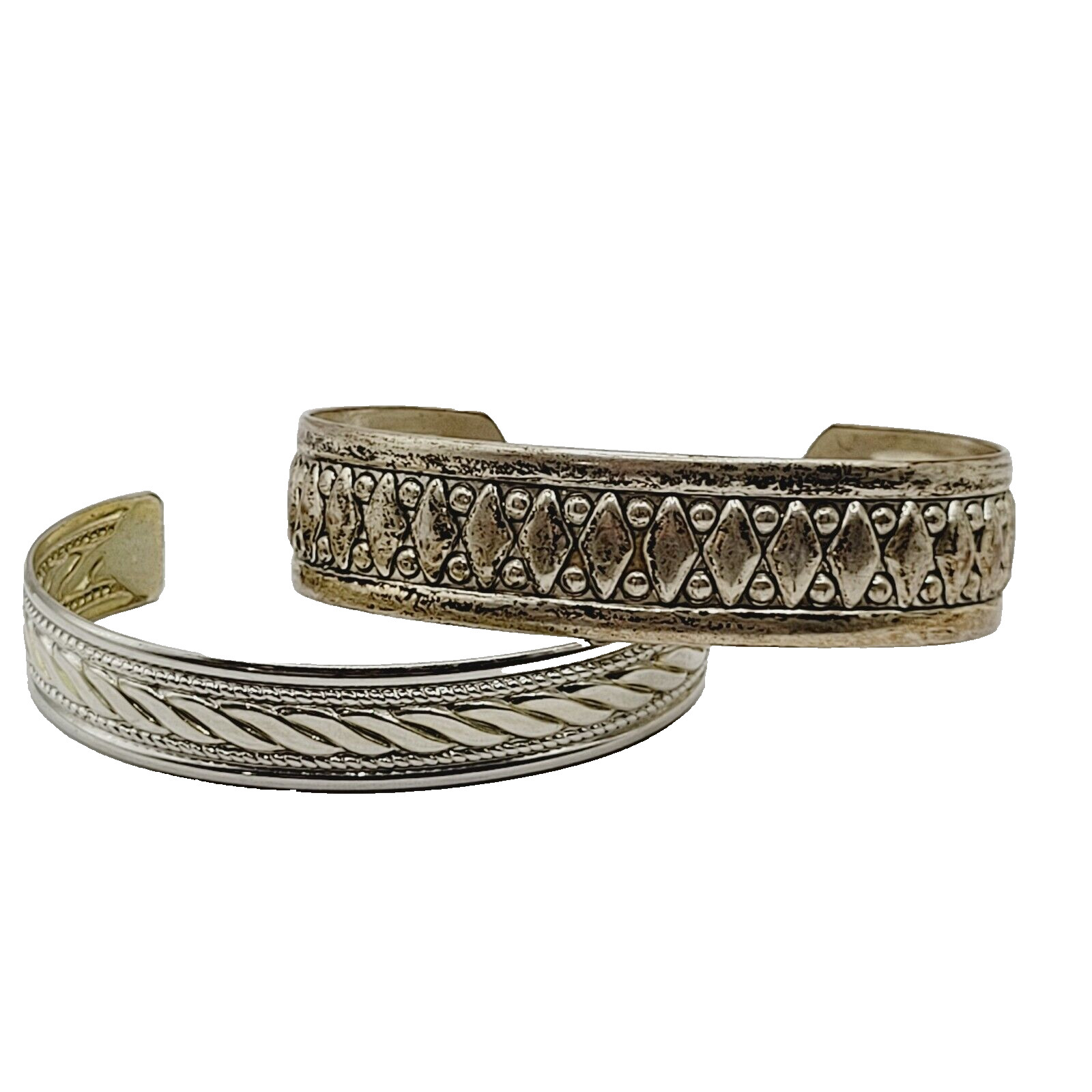 Two Vintage Metal Cuff Bracelets 1 Brass & 1 Silver Tone Patterned Tarnished