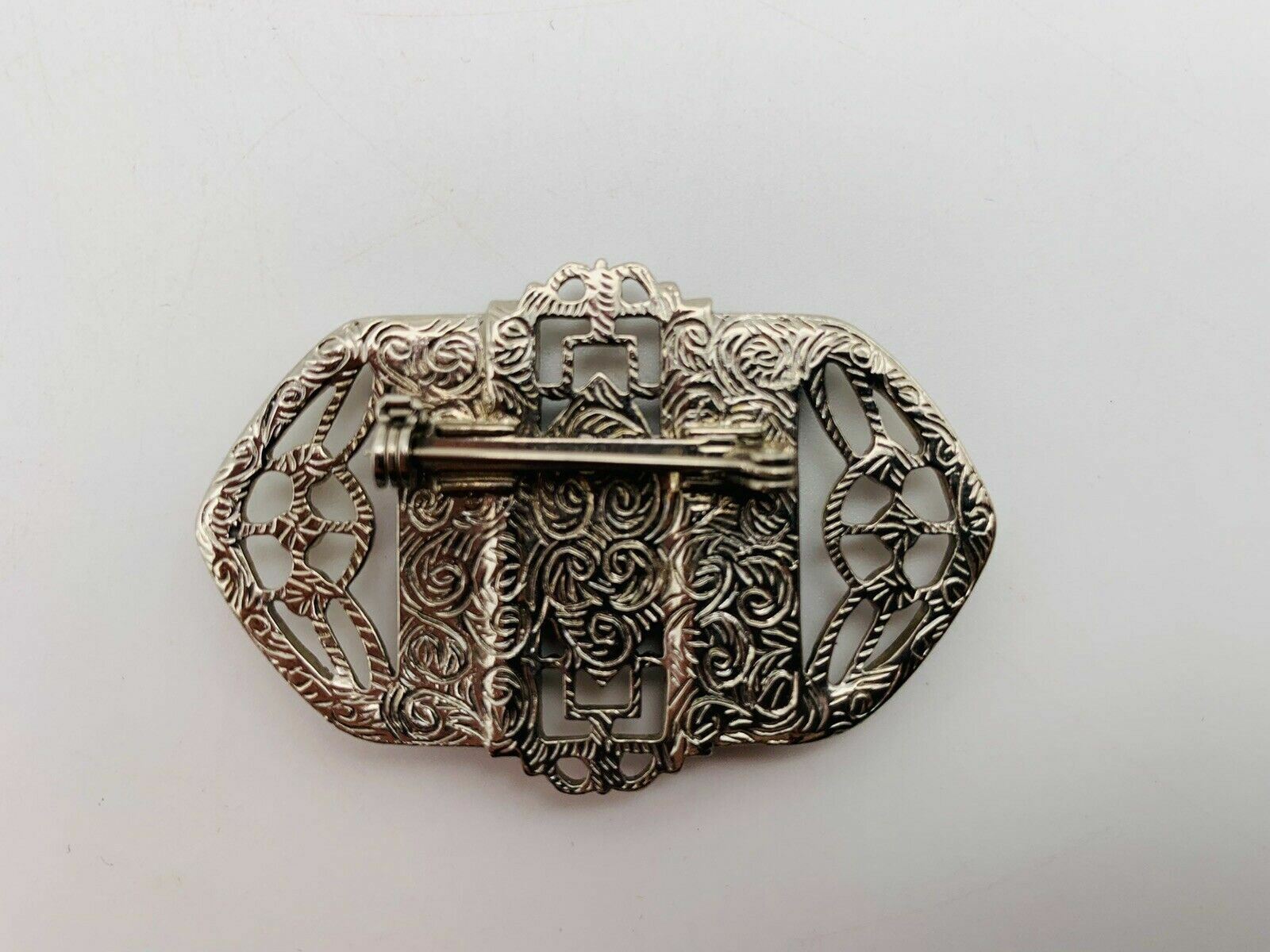 Vintage Silver Jade Brooch with Rhinestones Art Deco 2″ x 1.5″ Ornate Intricate