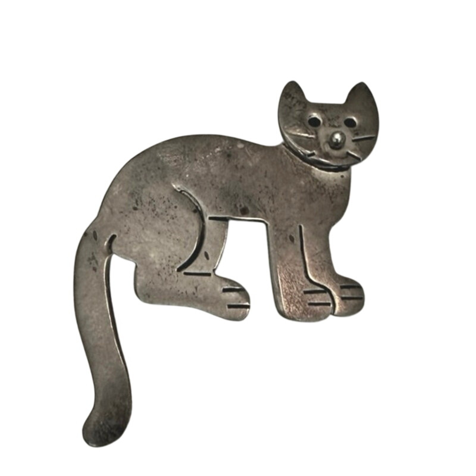 Mexican Sterling Silver Cat Brooch – A & J H MEX 925 – 4.74g – Vintage