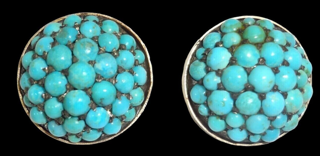 Antique 14K Gold Persian Turquoise Cluster Round Clip Earrings 18.2 Grams!