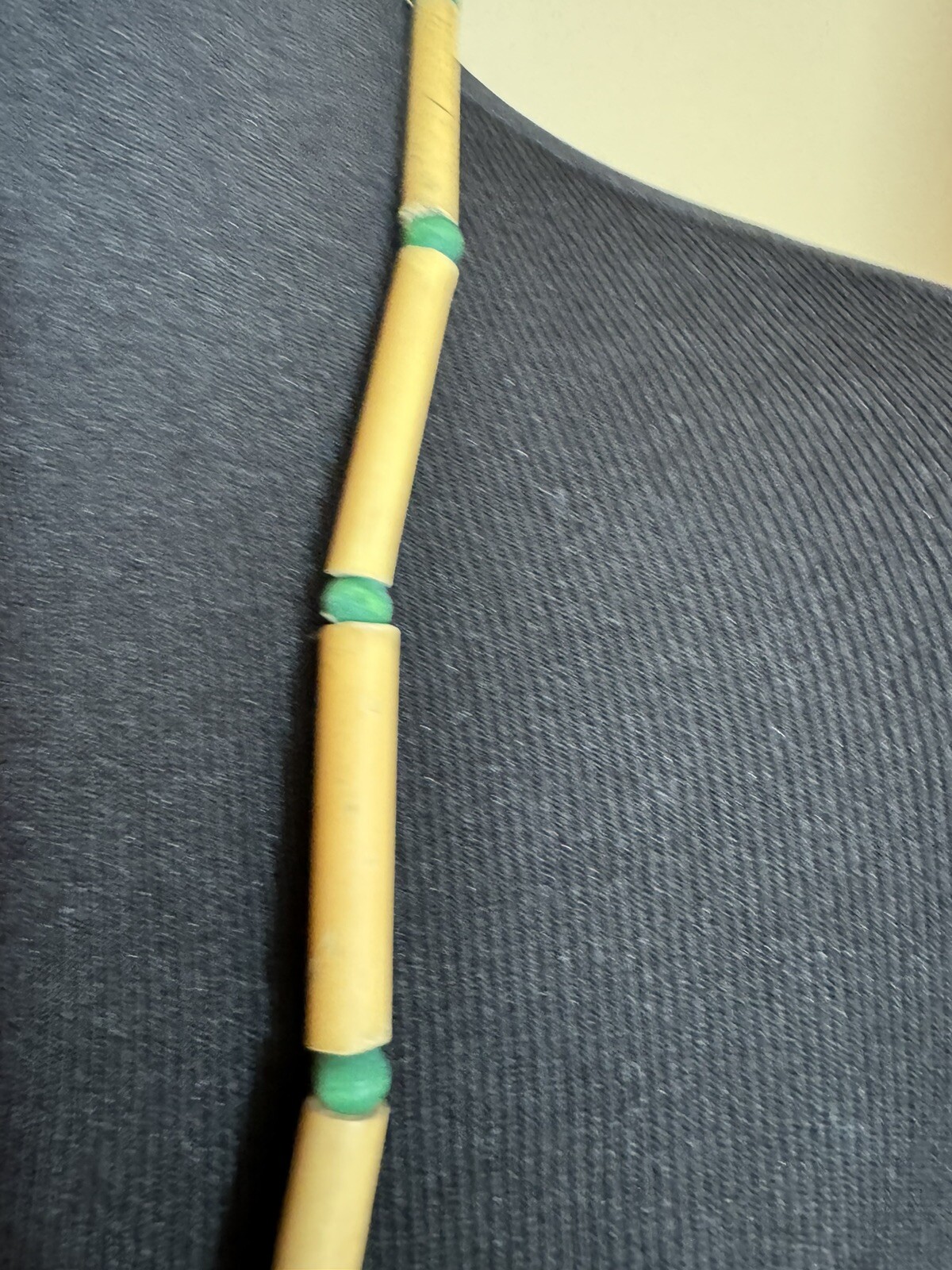 VTG 80s Bamboo Wood Beaded Necklace 32″ Green Brown Tubular Boho Tribal Earthy