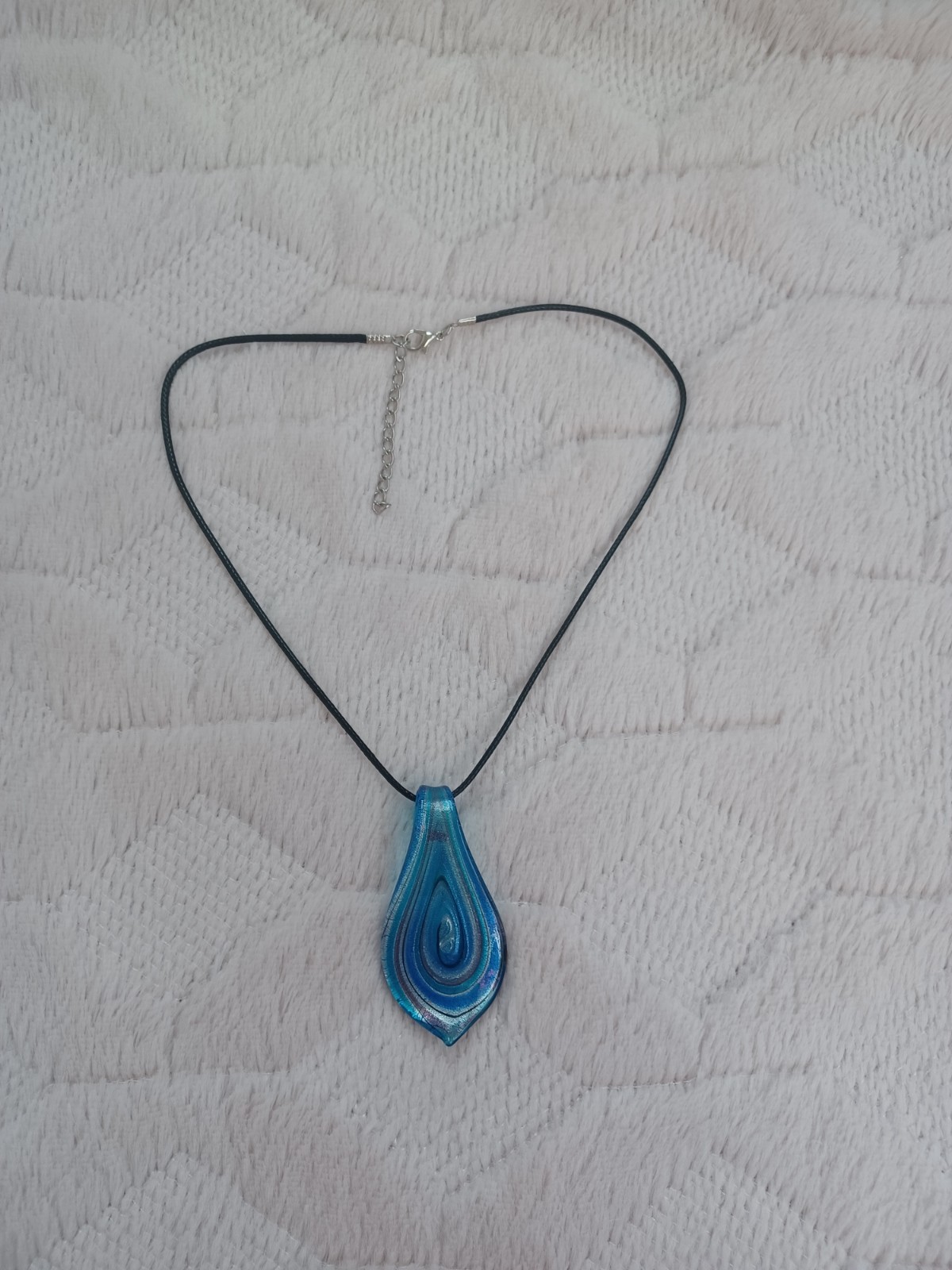 Vintage 90s / 2000s Y2K Art Glass Blue Swirl Pendant On Black Cord Necklace