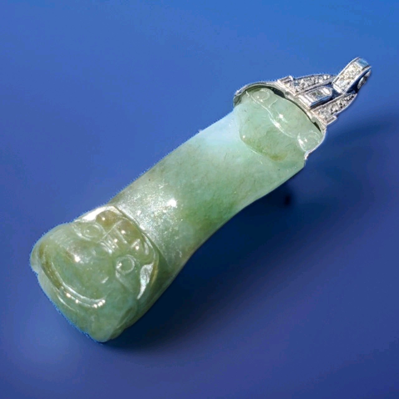 ORIGINAL Antique Green JADE DIAMOND Art Deco Pendant SOLID PLATINUM Medallion