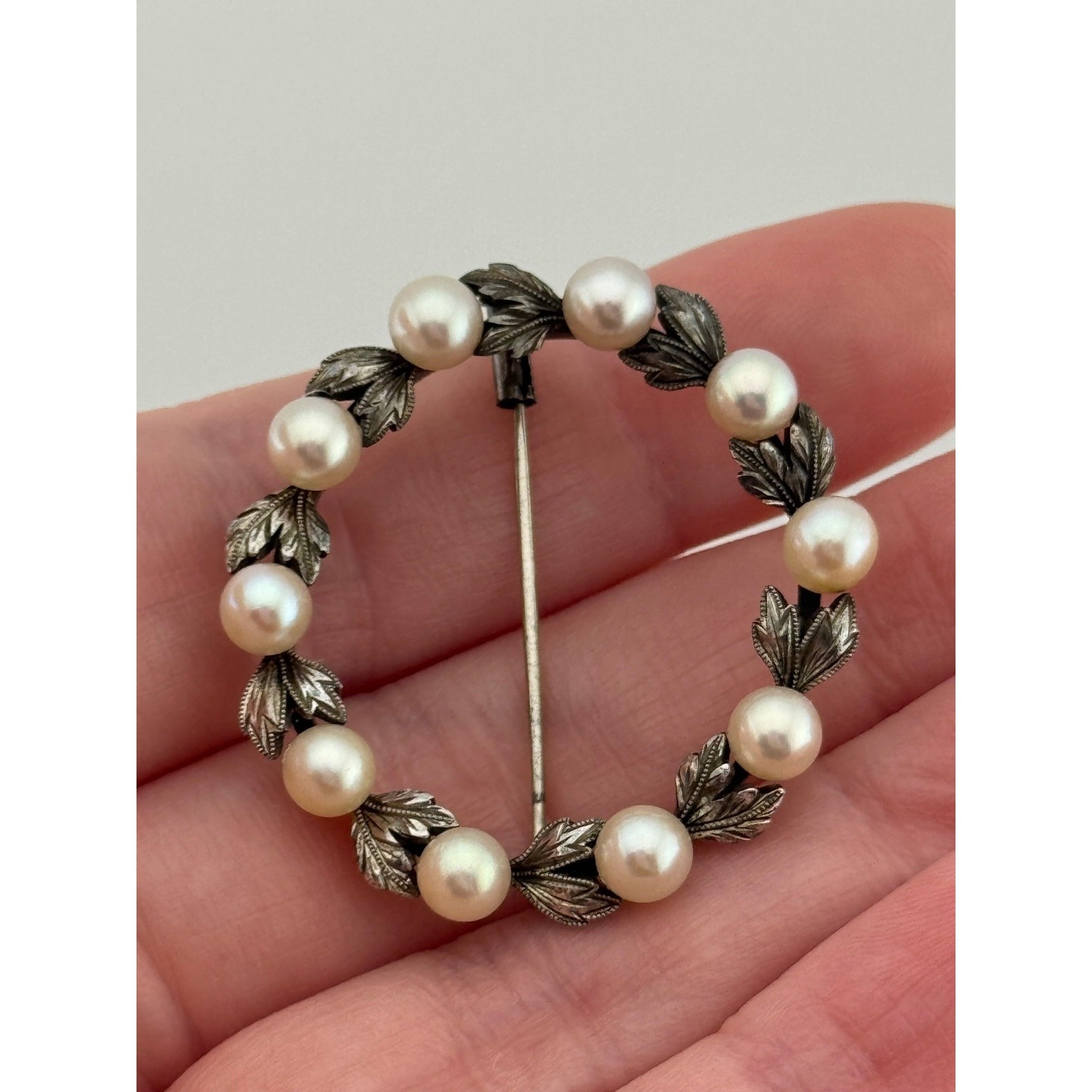 Vintage Mikimoto Wreath Brooch Sterling Silver Pearl Leaf Design Pin