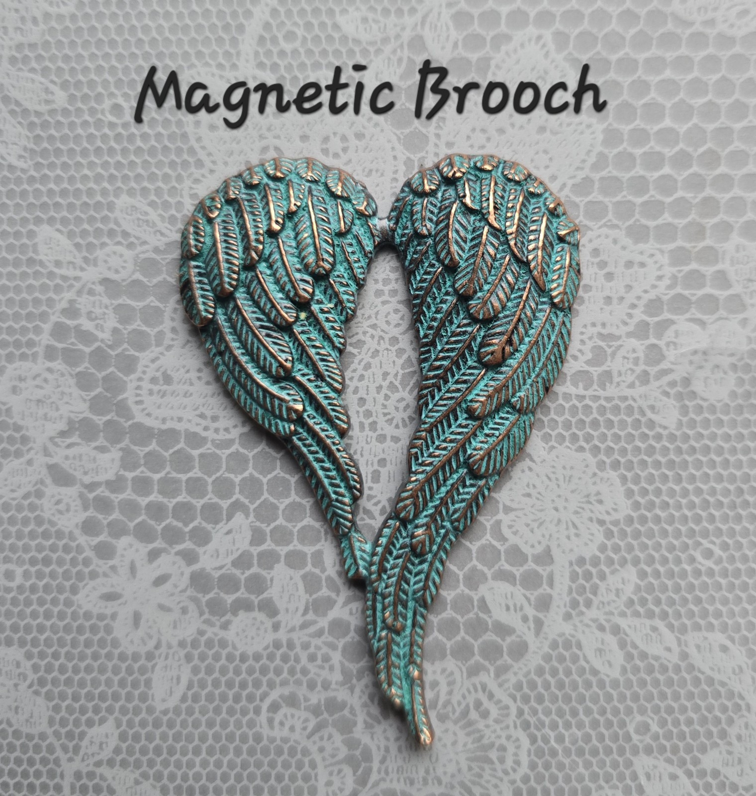 Magnetic Angel Wings brooch, copper patina. Angel heart brooch Remembrance gift