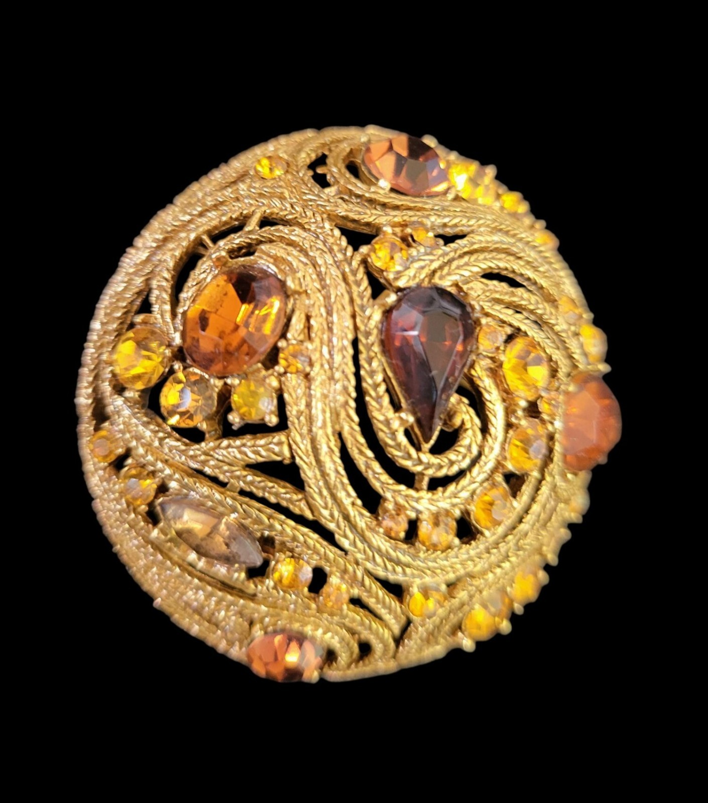 Rare Vintage La Roco Domed Brooch Braided Filigree Citrine Topaz Austrian Crysta