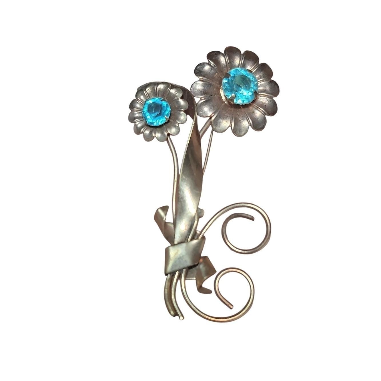Vintage Vermeil Sterling Floral Brooch Aqua Blue Rhinestone Bouquet Pin 3.25″