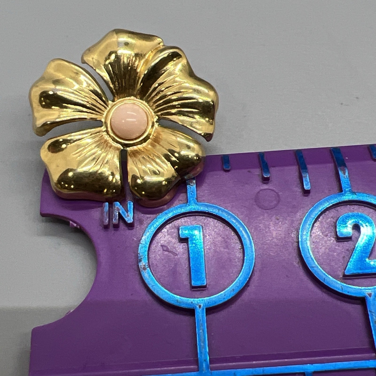 Vintage Gold Tone Flower Clip On Earrings Pink Center Cabochon Bold Retro Floral