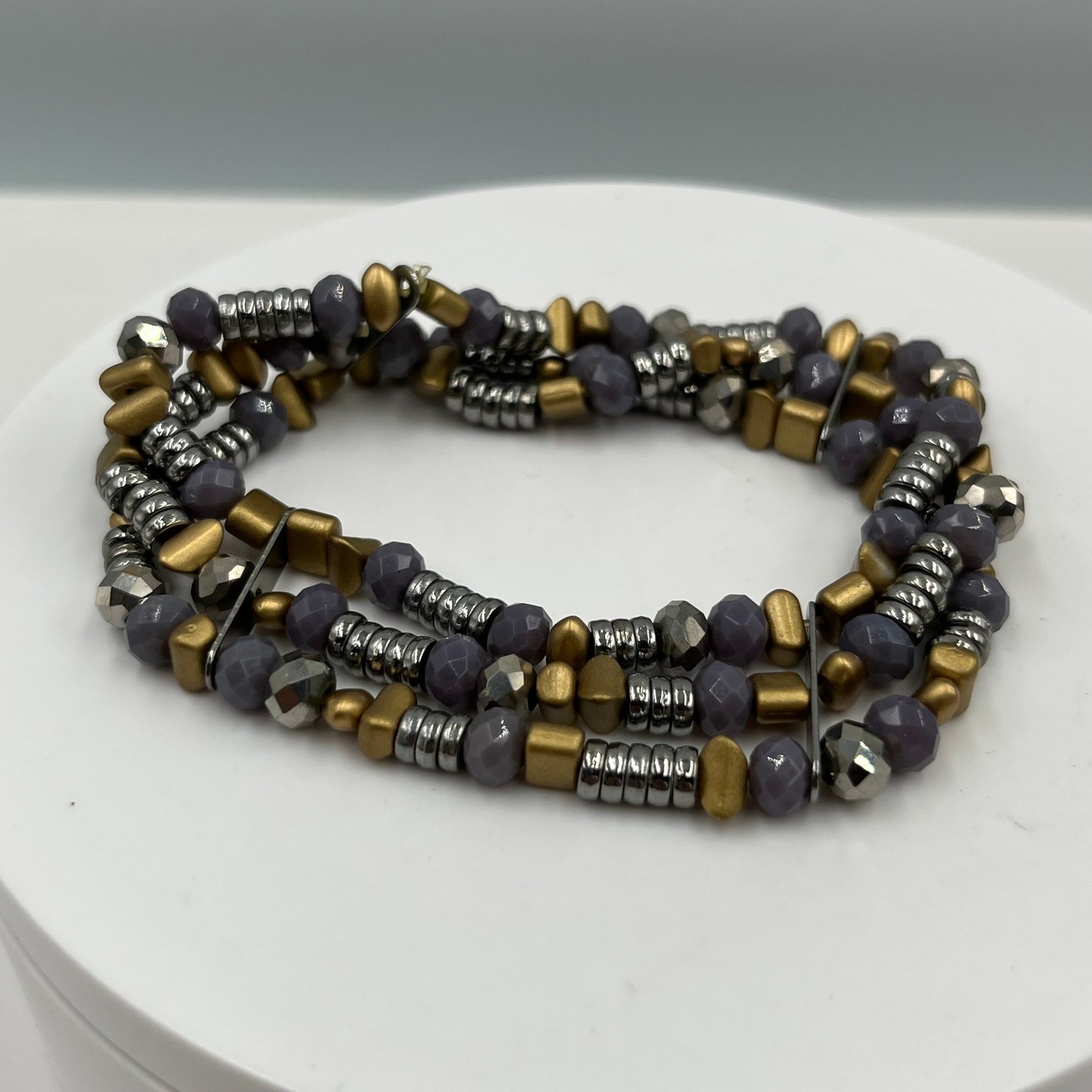 Vintage Multi Strand Beaded Bracelet Gray Faceted Beads Gold Silver Tone Wrap