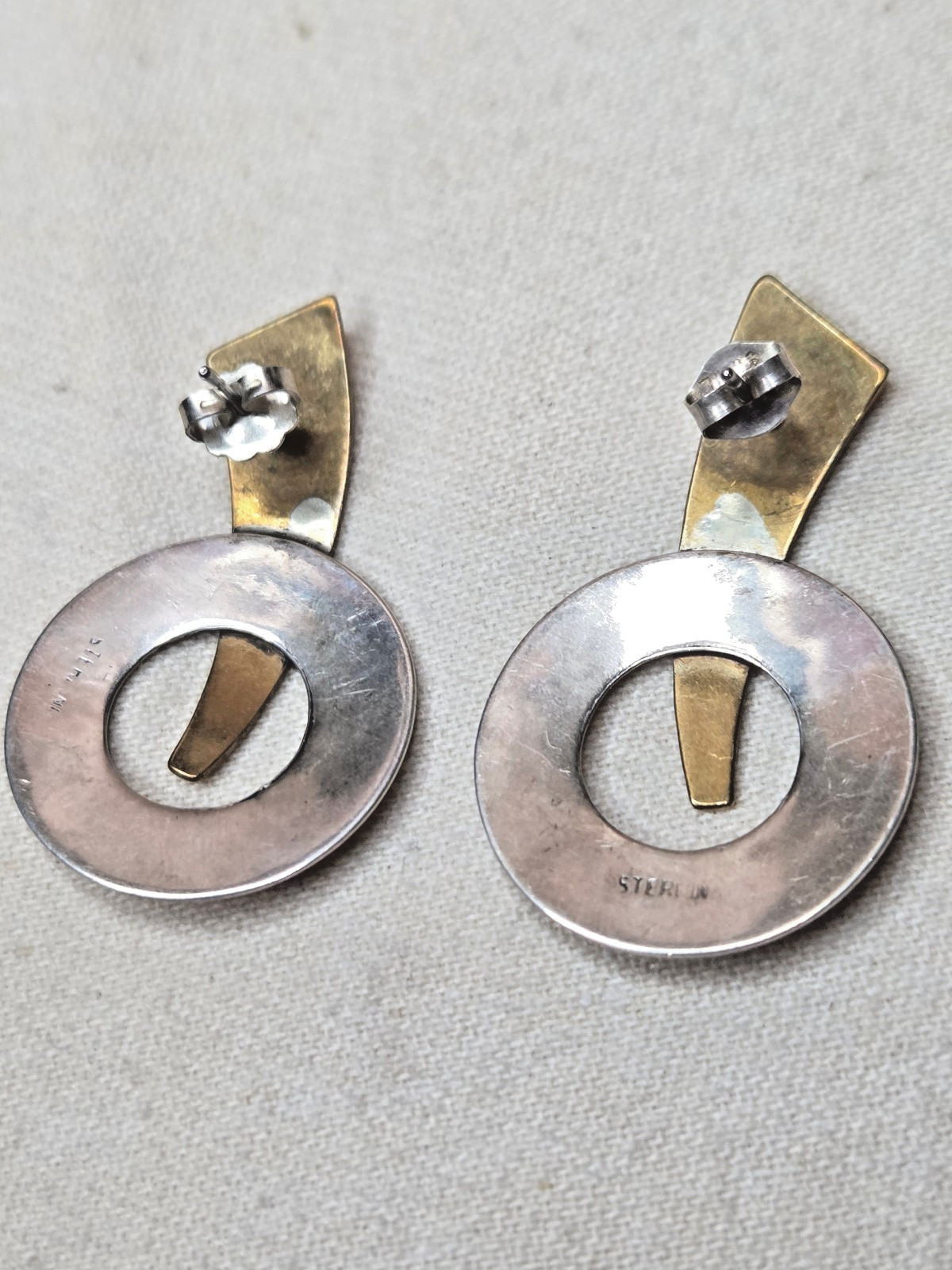 Modernist Sterling Silver Brass Vintage Nicely Detailed Earrings Two-Tone