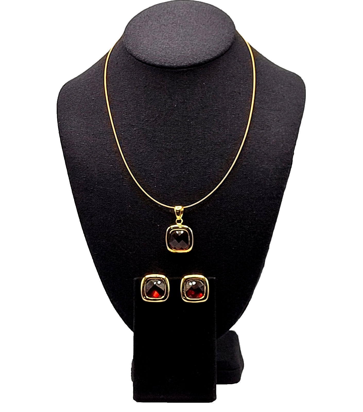 Red Glass Faceted Cushion Cut Bezel Gold Tone Wire Necklace Clip On Earrings Set