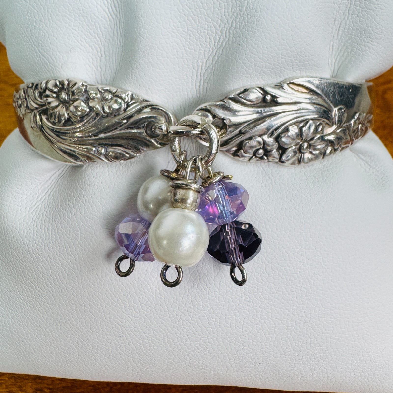 Vtg Silverware Double Handle Floral Bangle Silverplate Bracelet Purple & Pearls