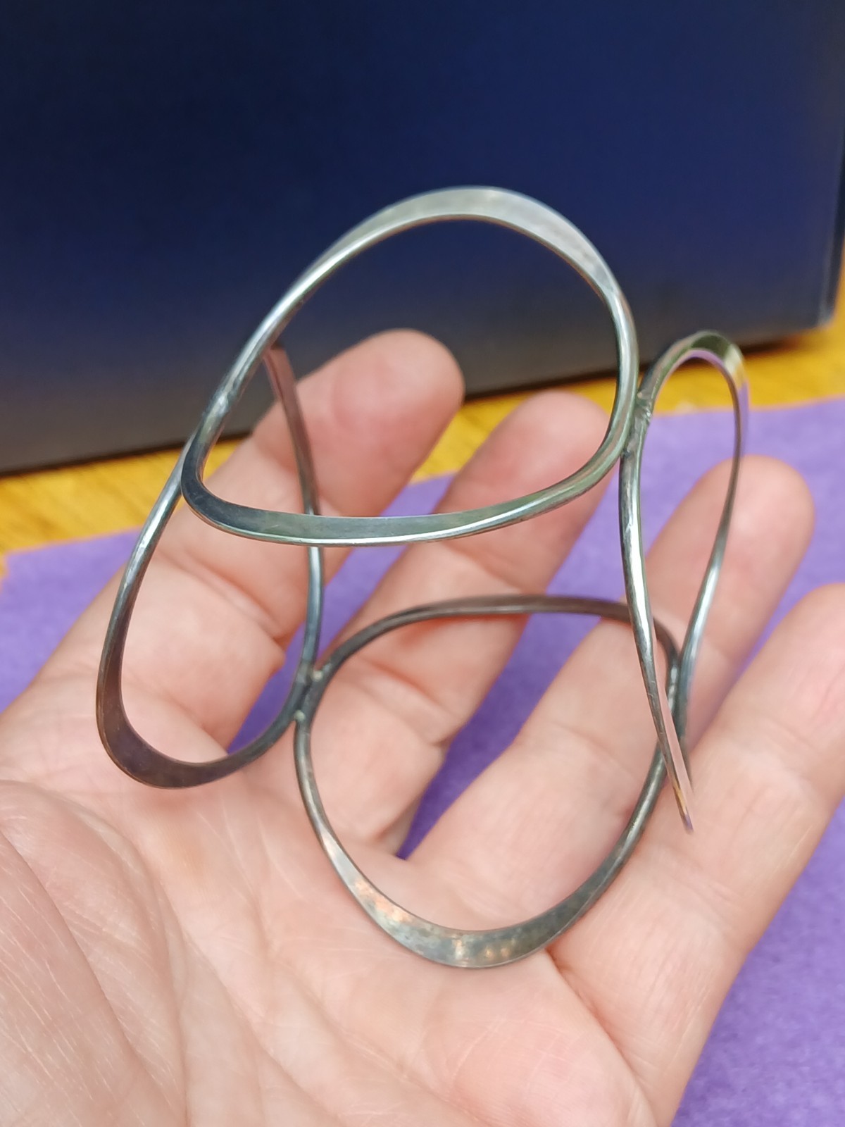 Vintage Geometric Ovals Sterling Silver Bangle Bracelet Modernist Design Art