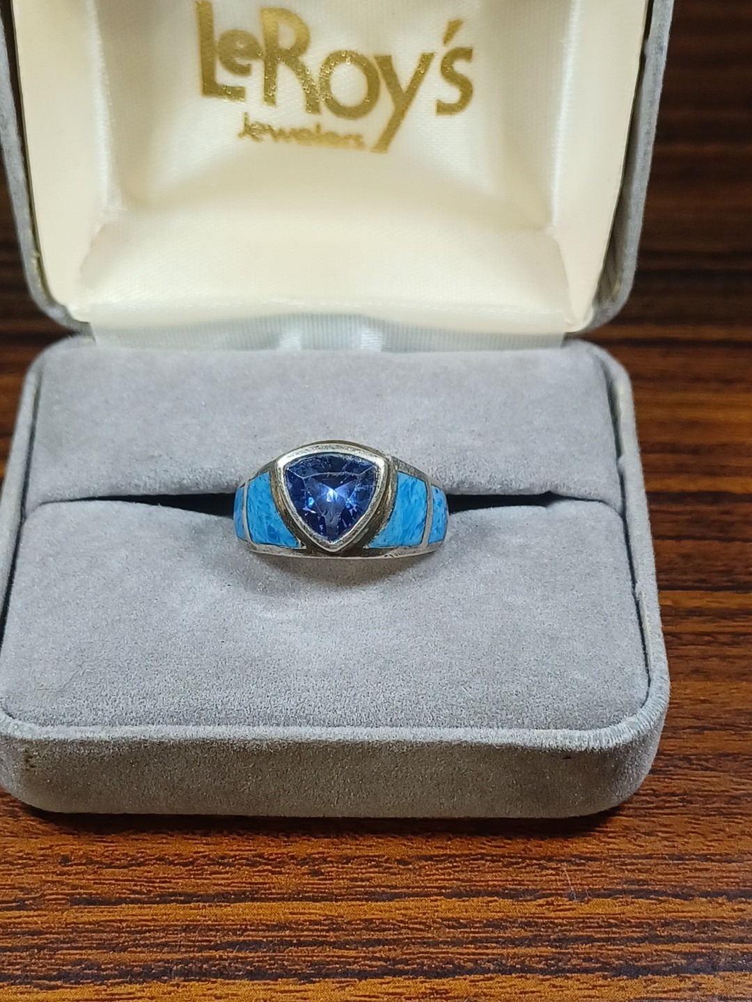 Vintage Sterling Silver Ring Blue Topaz Trillion Cut Stone Turquoise Accents