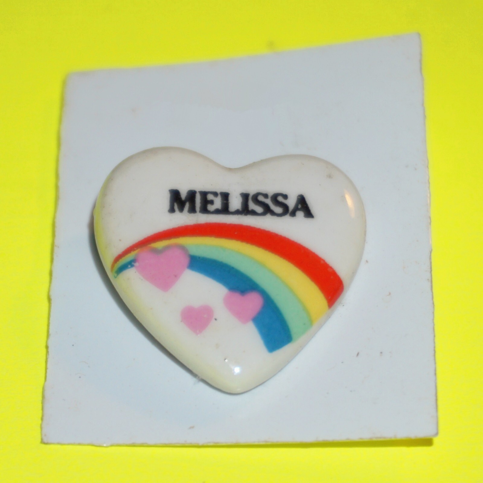 Rainbow Heart Pins on White Vintage 80’s Pick Name Retro Girls Names Hat Bag Etc