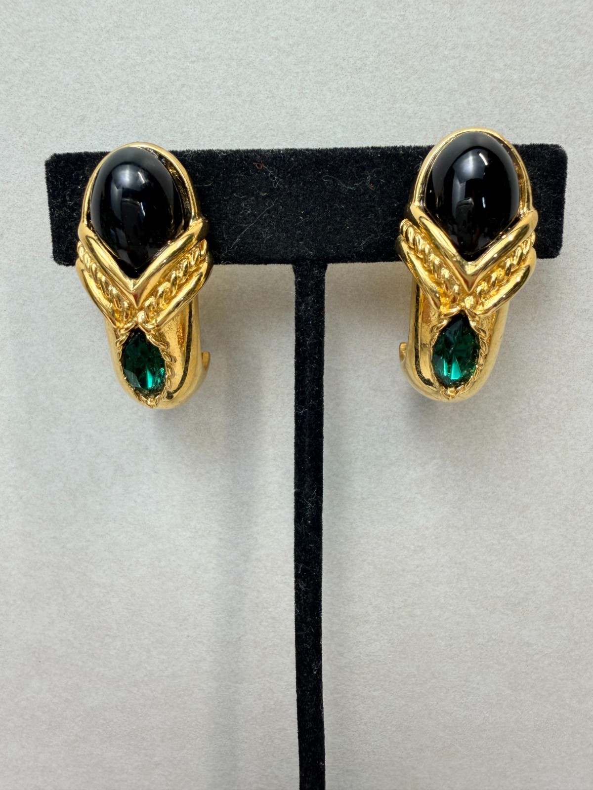 Vintage Blanca Runway Bold Black Cabochon Emerald Crystal Earrings From 80s